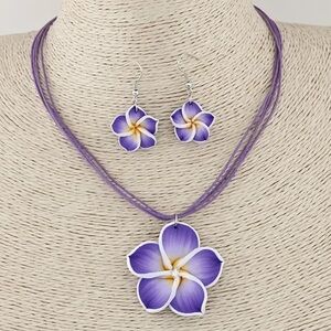 Tropical Purple Plumeria Flower Necklace & Earring Set